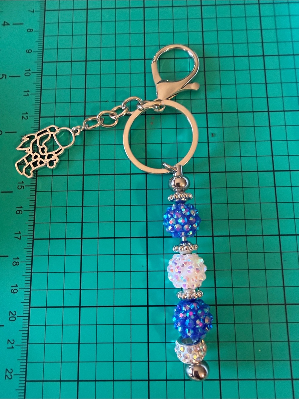 Handmade Blue and White Beaded Keychain with Charm